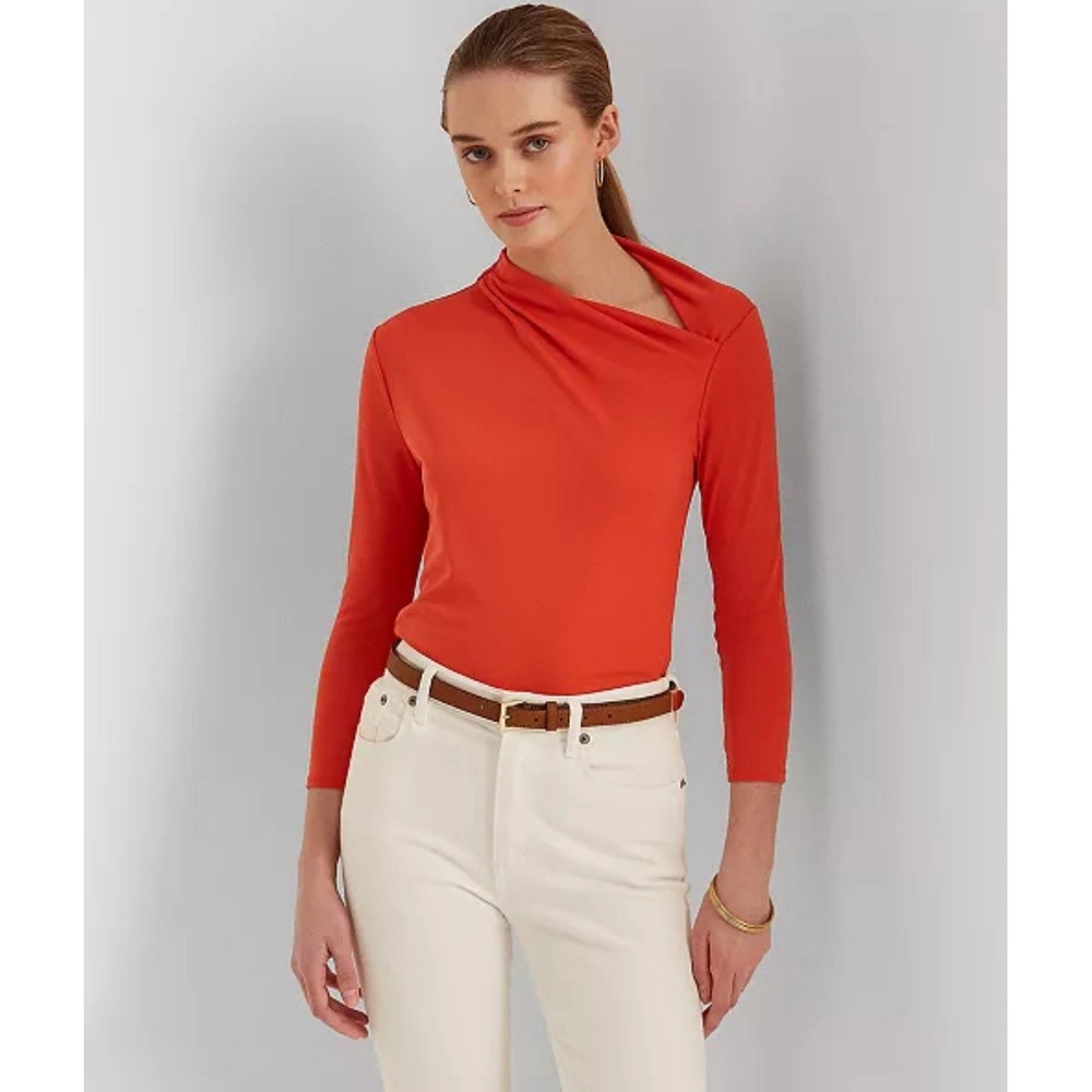 Lauren Ralph Lauren Asymmetrical Top XL/14 Orange Stretch Black Label Tunic Top